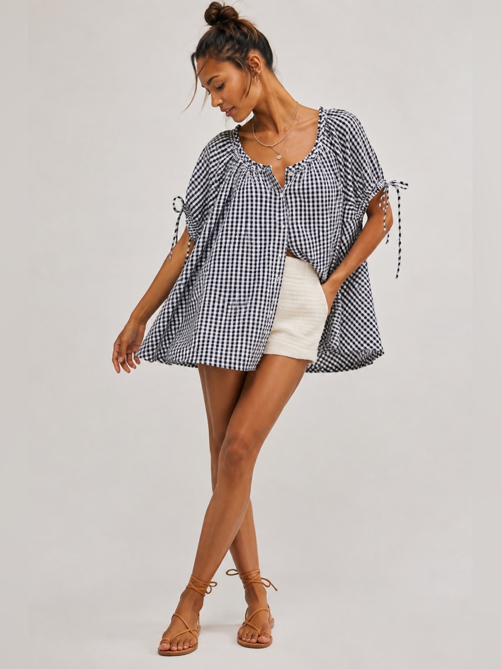Free People Farley Gingham Tunic Navy Combo Size M NWT